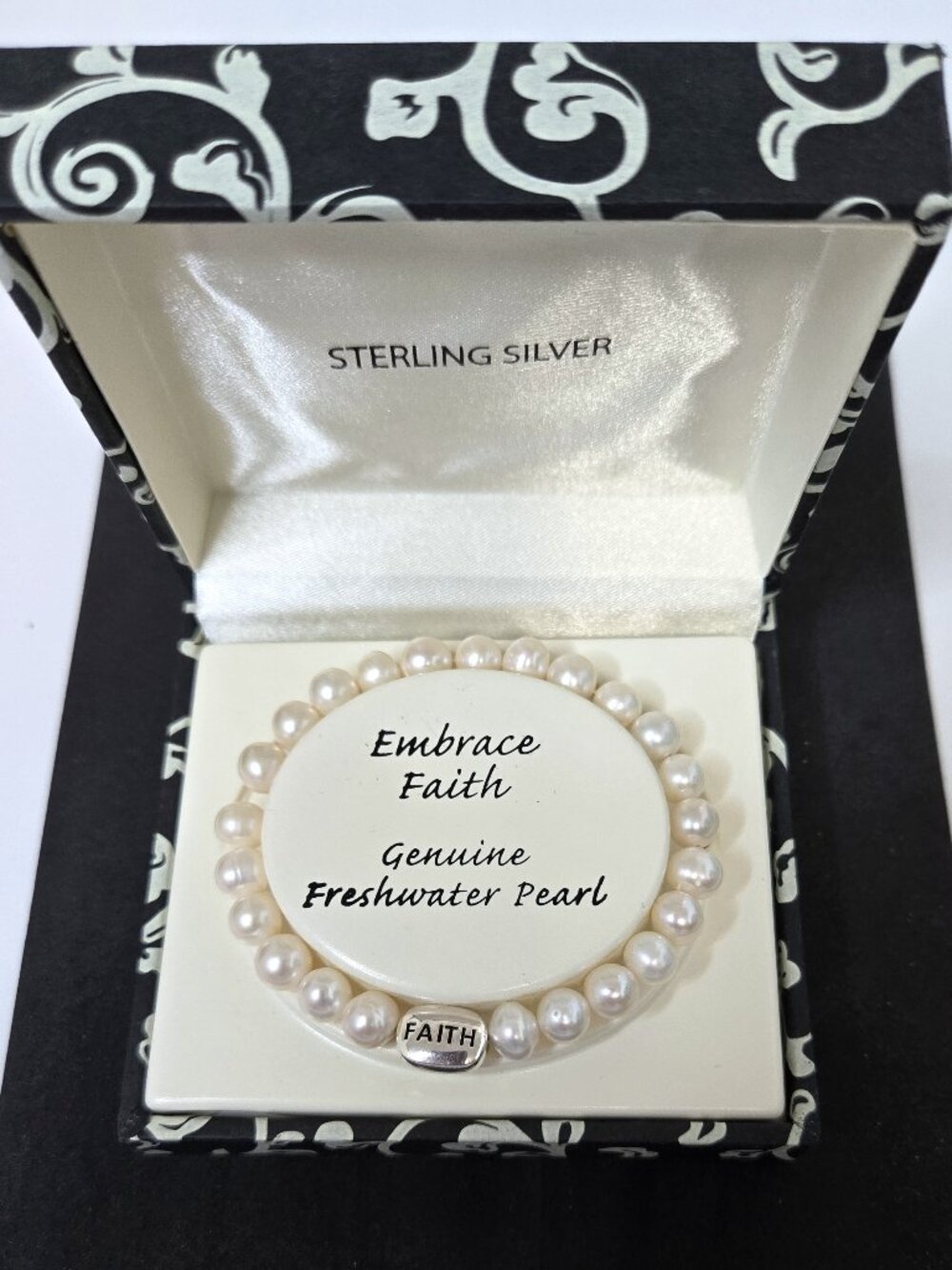 Genuine Freshwater Pearl Bracelet Elastic Stringing, Faith Sterling Silver Bead